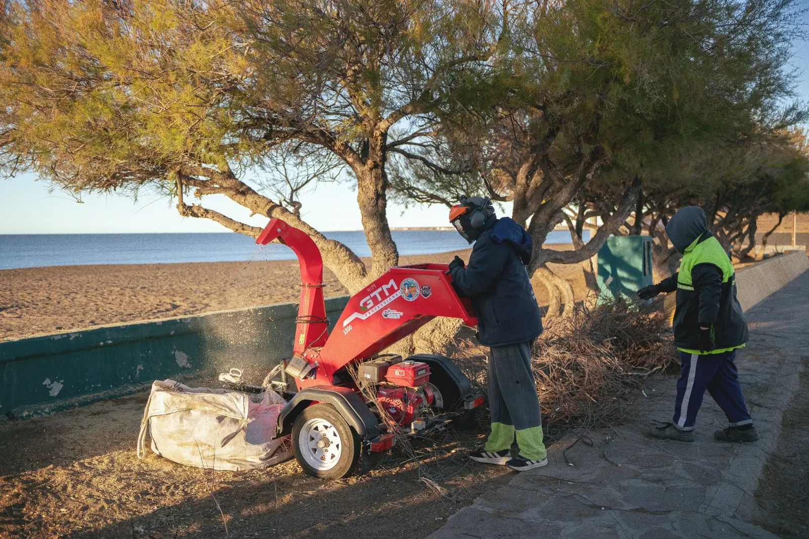 Rawson utiliza una máquina chipeadora para reducir volúmenes de poda